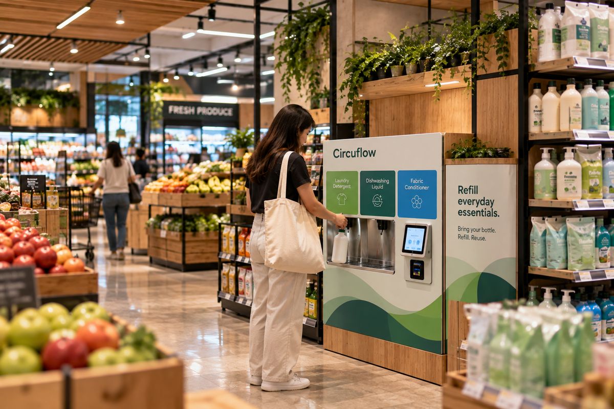 A Circuflow Vendo refill station in a grocery aisle