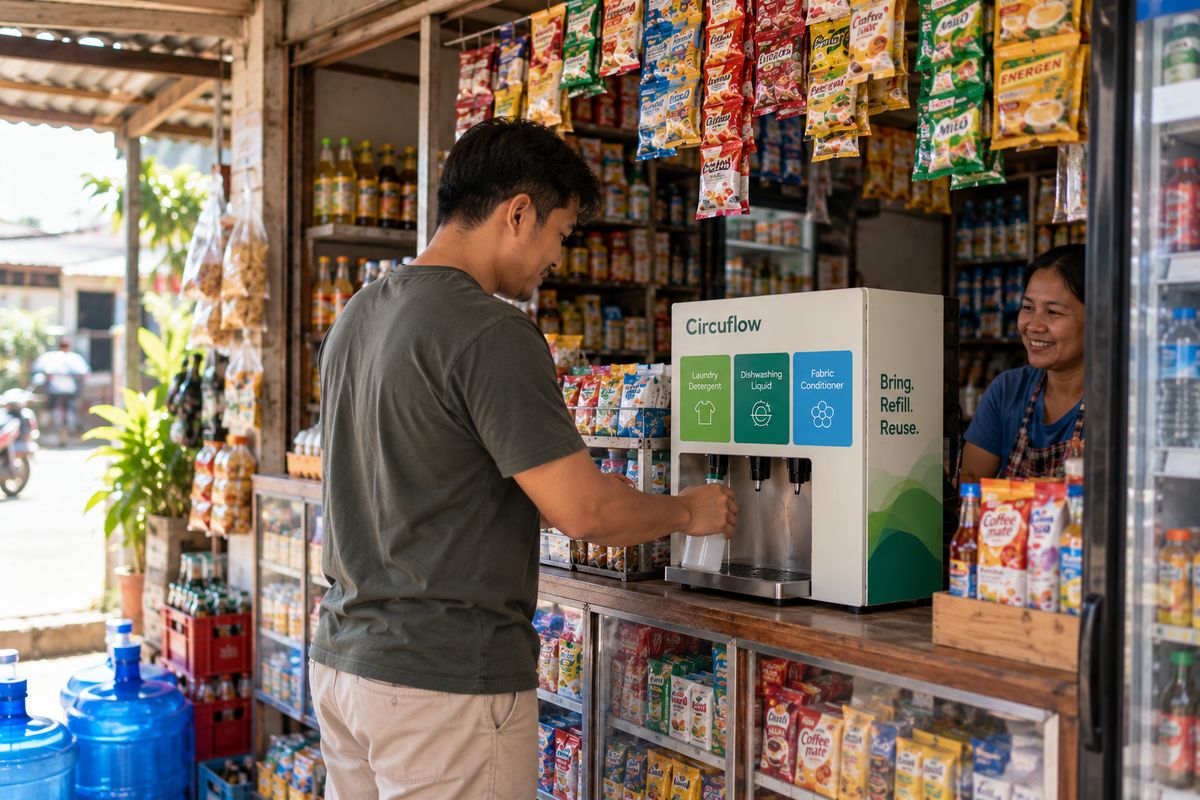 A customer refilling a bottle at a Circuflow Vendo in a sari-sari store