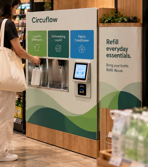 A customer refilling a bottle at the Circuflow Vendo, which has labelled product panels, dispensing nozzles, a touchscreen and a payment reader